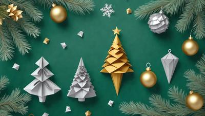 The primary subject of the image is a Christmas tree, which is the main object, scene, or focus of the image. The setting is a green background, and the visual style is a combination of photo and digital art. The colors and mood of the image are predominantly white and gold, creating a festive and warm atmosphere.